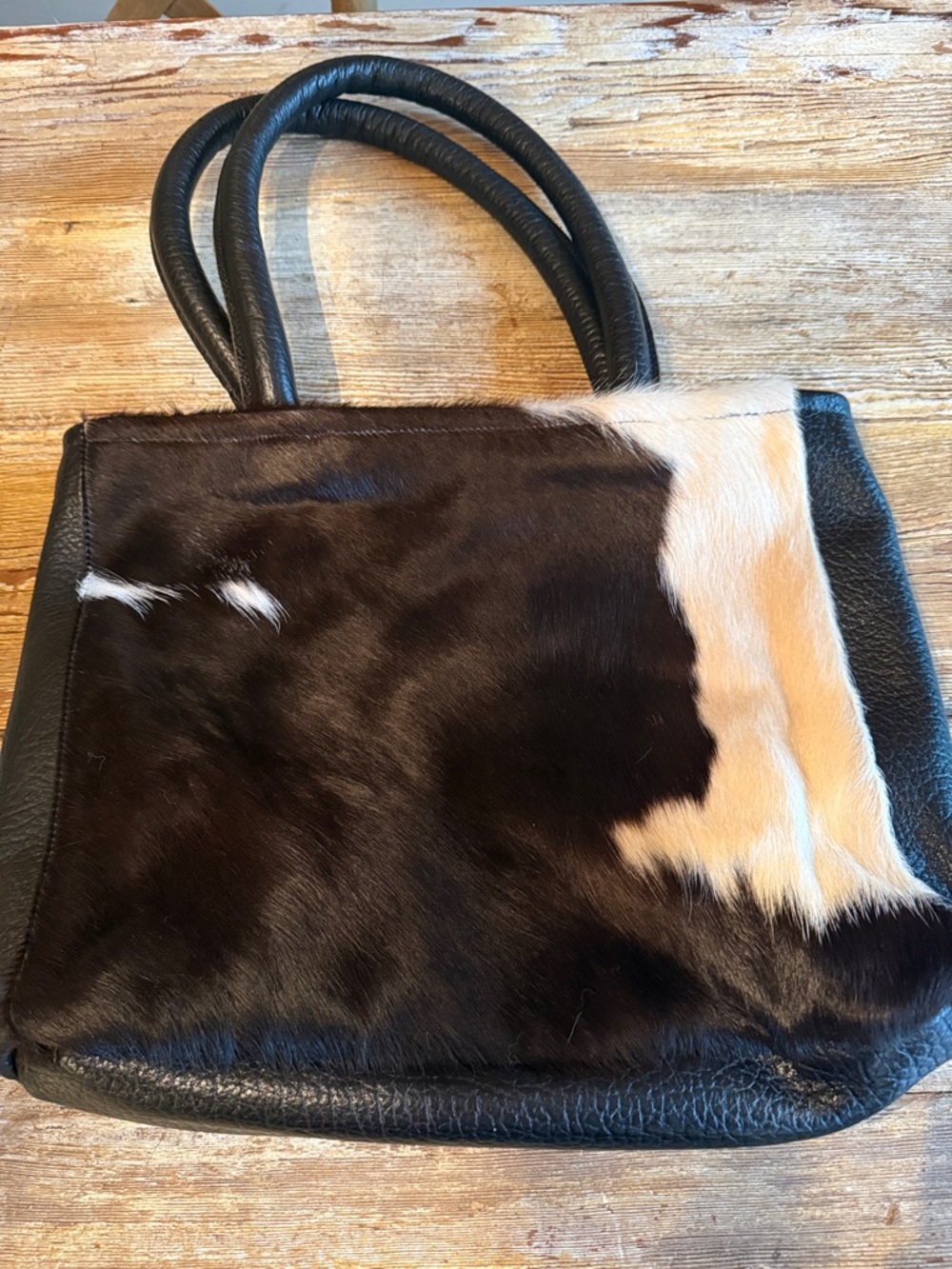 Brown & White Cowhide with black leather  Tote Bag - Women